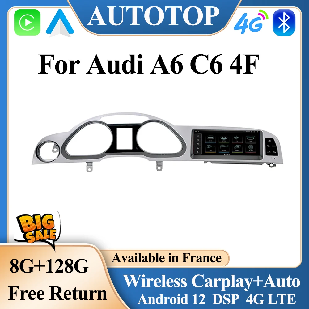 AUTOTOP 8.8“ 8G+128G Android 12 Car Multimedia For Audi A6 C6 4F 2005-2012 MMI 2G 3G DVD GPS Navigation Wireless Carplay 4G Wif