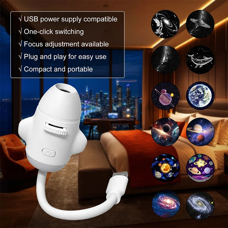 2-in-1 Rocket USB Galaxy Projection Ambient Light Adjustable Focus Range Projection Night Light for Home Theme Party Bedroom Car