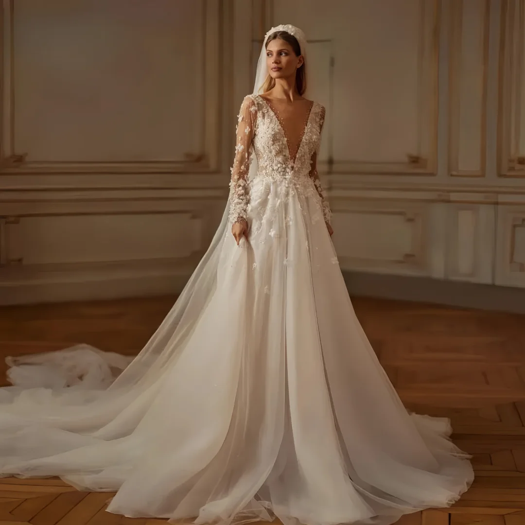 

Customized A-Line Delicate Wedding Dresses For Women Lace Beaded Long Sleeve Dresses For Bride Flowers Bridal Gown