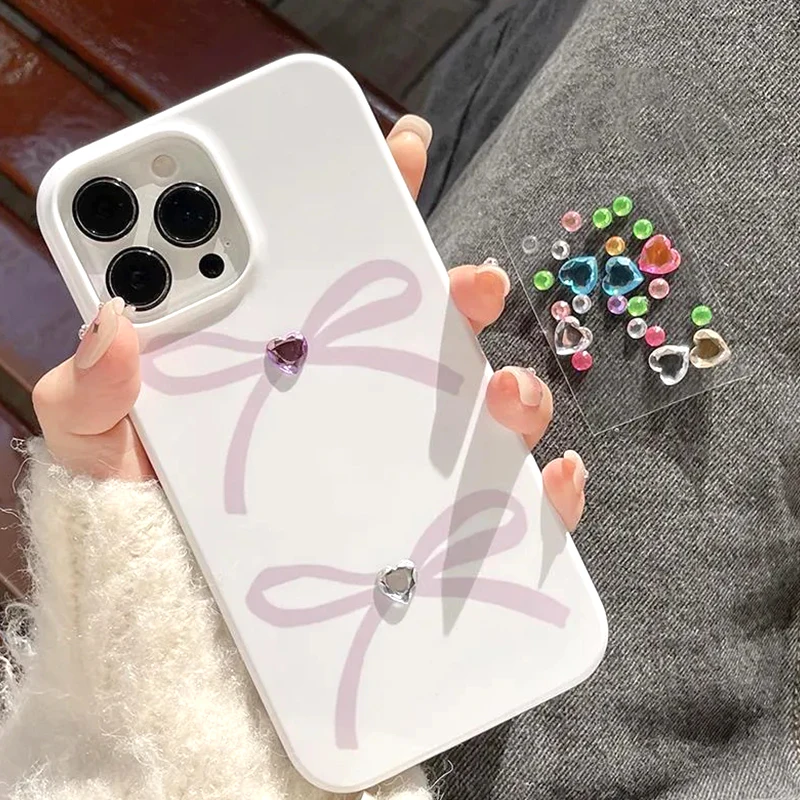 Korean INS Cute Bow Heart Rhinestone Phone Case for IPhone 14 11 12 13 Pro Max Kawaii Sweet Phone Case for IPhone XR XS MAX