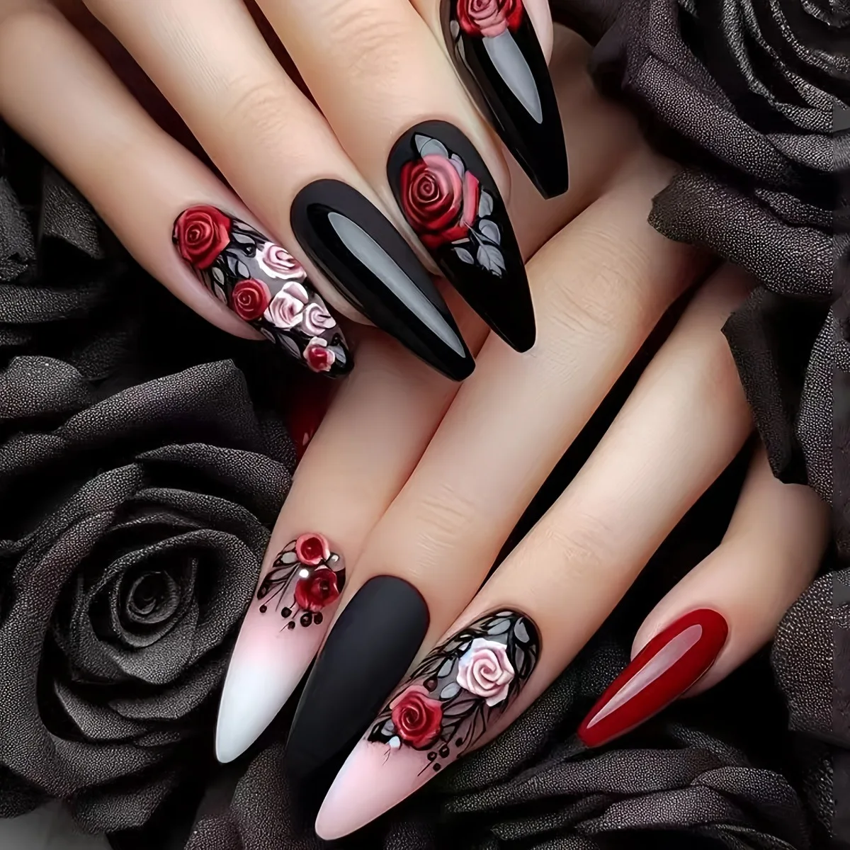 24Pcs Purple Press on Nails Flower Designs Almond Fake Nails Diamond Decor Woman Lady Wearable Manicure False Nails Tips