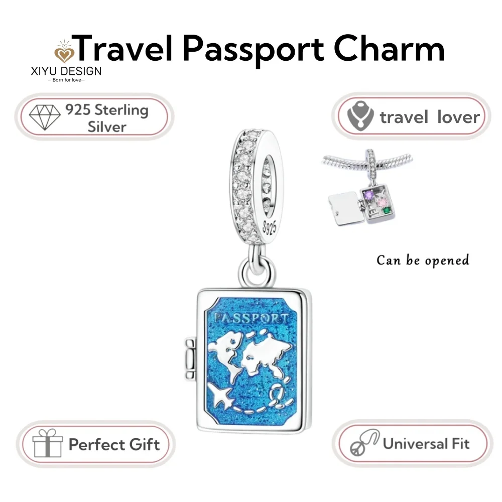 New 925 Silver Blue Travel Passport Charm Openable Pendant Fit for DIY Bracelet Necklace Women Fine Jewelry Travel Memorial Gift