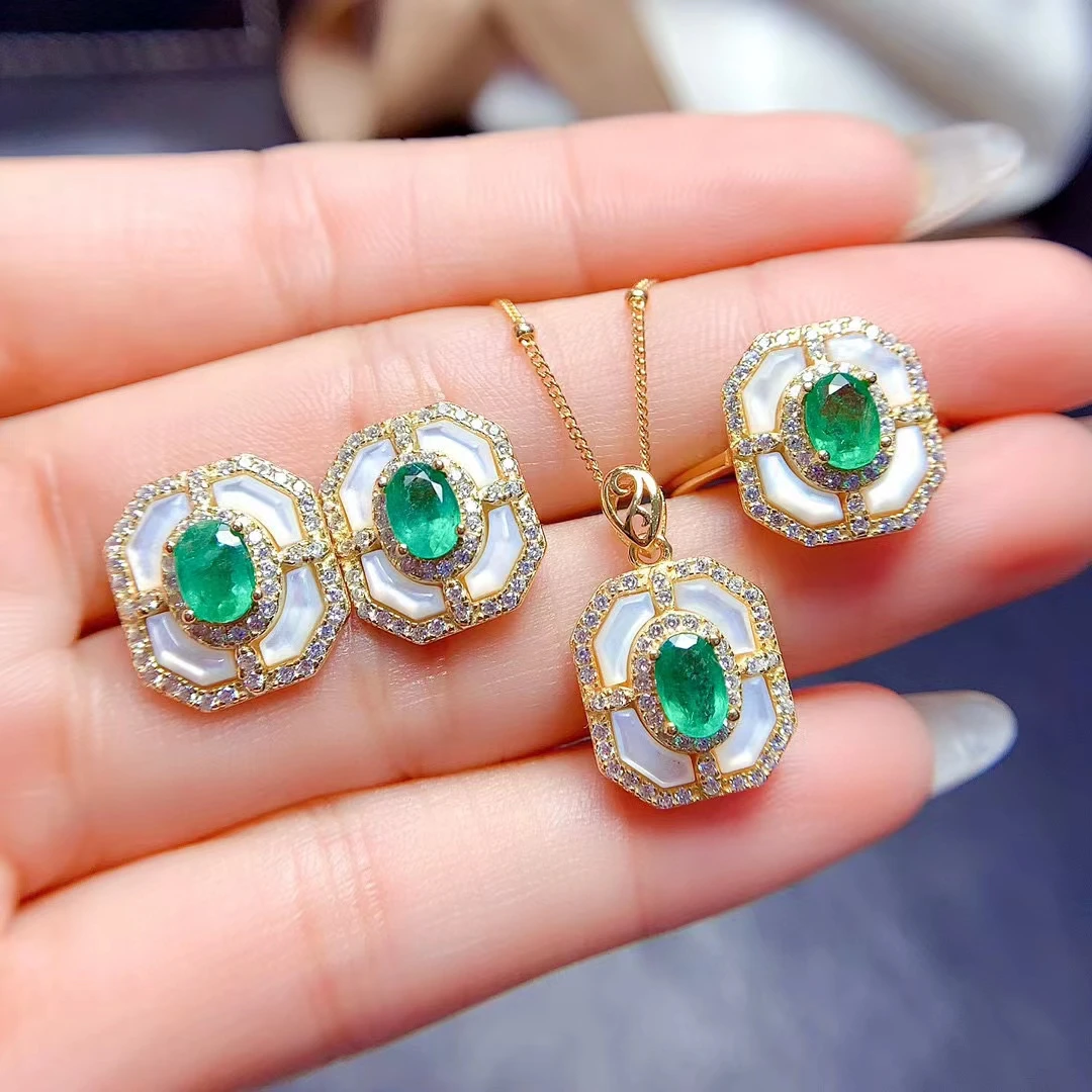 

MeiBaPJ 4*6 Luxurious Natural Columbia Emerald Jewelry Set 925 Sterling Silver 3-pieces Suite Green Stone Fine Jewelry for Women