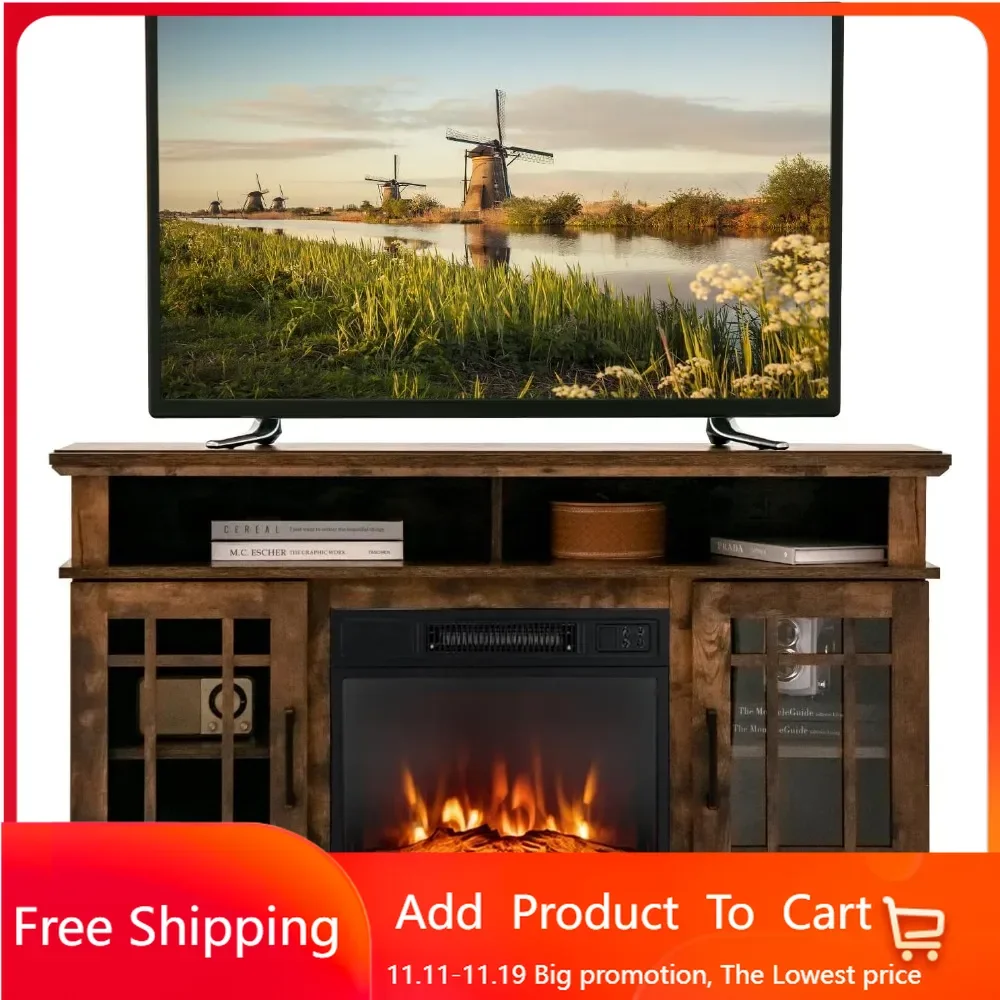 Electric Fireplace TV Stand for TVs Up to 55 Inches, 18-Inch Fireplace Insert with Remote, Overheat Protection, 48-Inch