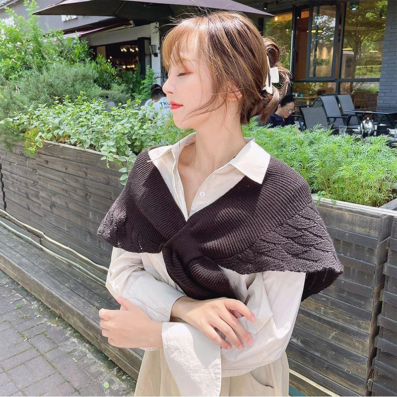 Women Knitted Warm Shawl Plain Neck Guard Scarves Solid Color Blouse Shoulders Fake Collars Summer Air-conditioning Outer Tower