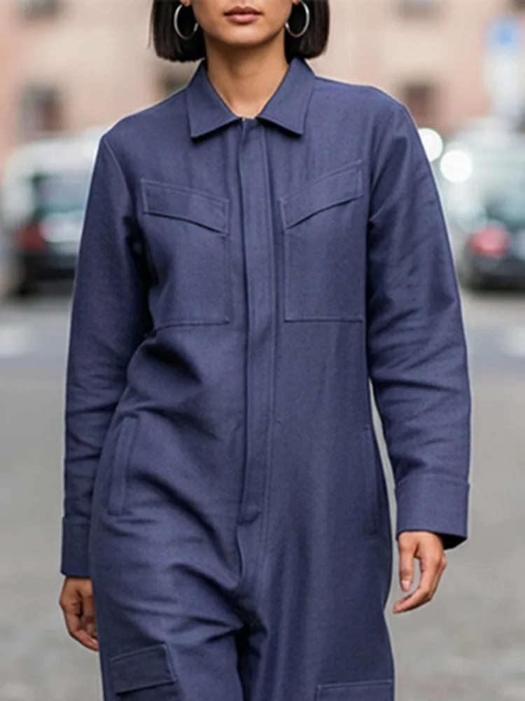 Onecozyday Women's Navy Blue Utility Jumpsuit Lapel Collar Long Sleeves Zippered One-piece Pants 2025 Casual Streetwear Outfits