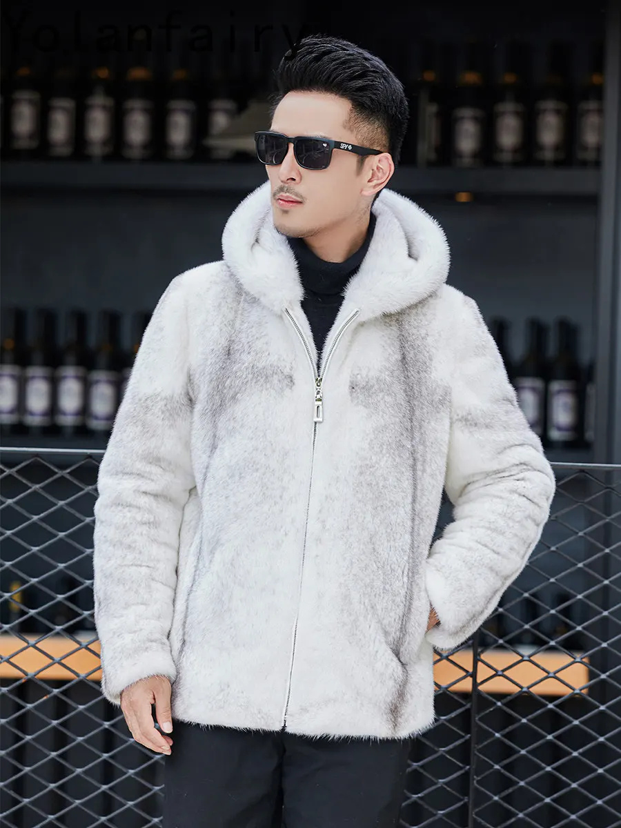 YOLANFAIRY High-end Whole Silver Cross Mink Real Fur Coat Men Winter Luxury Hood 100% Natural Mink Fur Jacket Man Clothing 2026