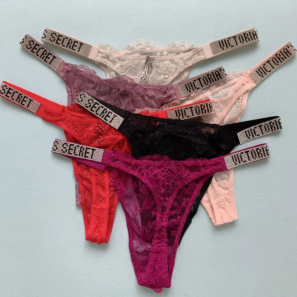 Victoria's Secret New Sexy Pink Brand Lingerie Female Intimate Underwear Rise Women Panties Bra Rhinestone Letter Comfort Brief