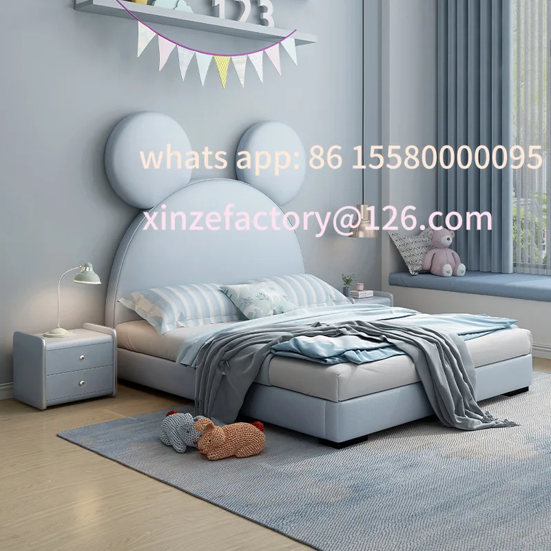 سرير جلدي من الخشب الصلب للأطفال قابل للتخصيص باللون الوردي