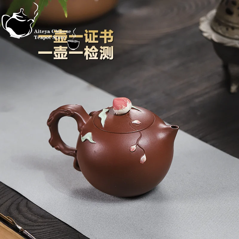 Yixing handmade purple clay teapot, raw ore, red skin, dragon mud, green leaves, longevity peach, Kung Fu tea set Chinese teapot