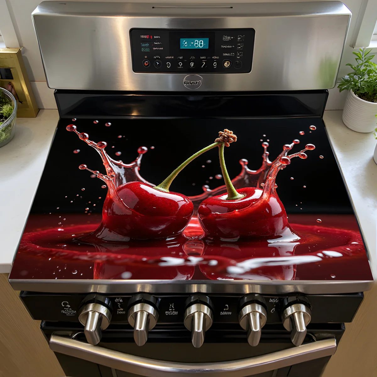 Kirschspritzschutz-Herdabdeckung – hitzebeständige Keramikmatte mit künstlerischem rotem Kirschdesign für Elektroherde