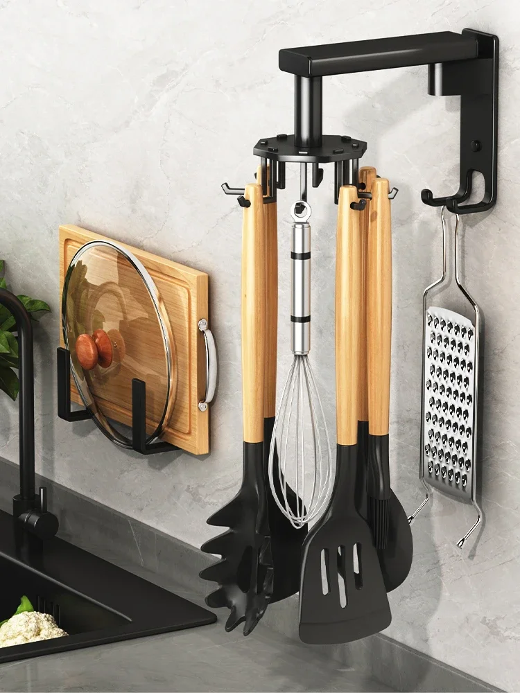 Rotatable hook, kitchen wall-mounted spatula, spoon, cutting board, hanger, no punching, wall super viscose rack