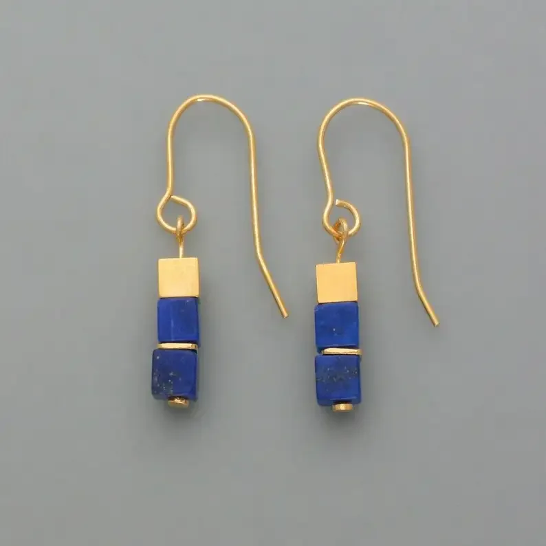 Cube earrings Lapis Lazuli, gilded