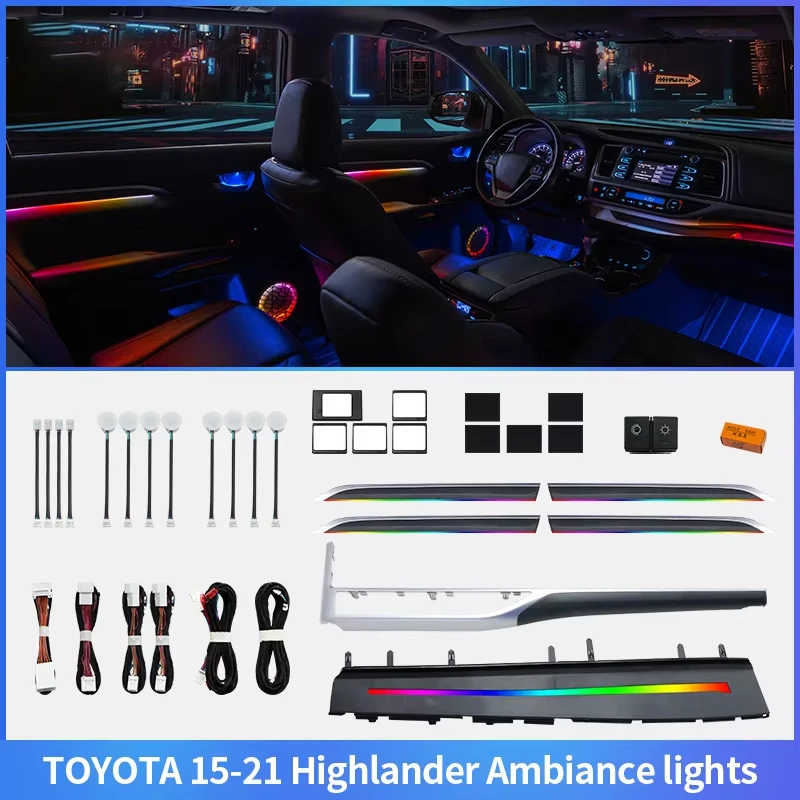 

17 in 1 Symphony Ambient Light 64 Color for Toyota Highlander 2015-2021 Carbon Fiber Peach Wood Grain Decoration Atmosphere Lamp