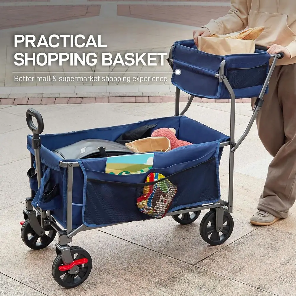 Folding Utility Cart with Wheels, Brakes, and Storage for Groceries, Beach, and Camping, Blue
