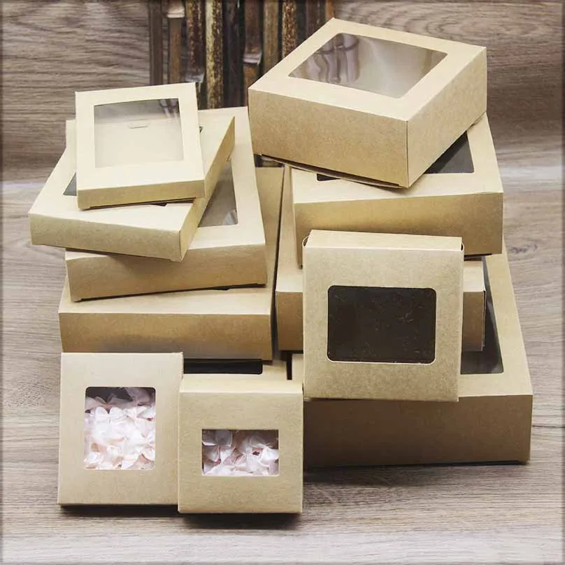 10 pieces of DIY vintage kraft paper box with window paper gift box, cake packaging, wedding family gathering, muffin packaging,