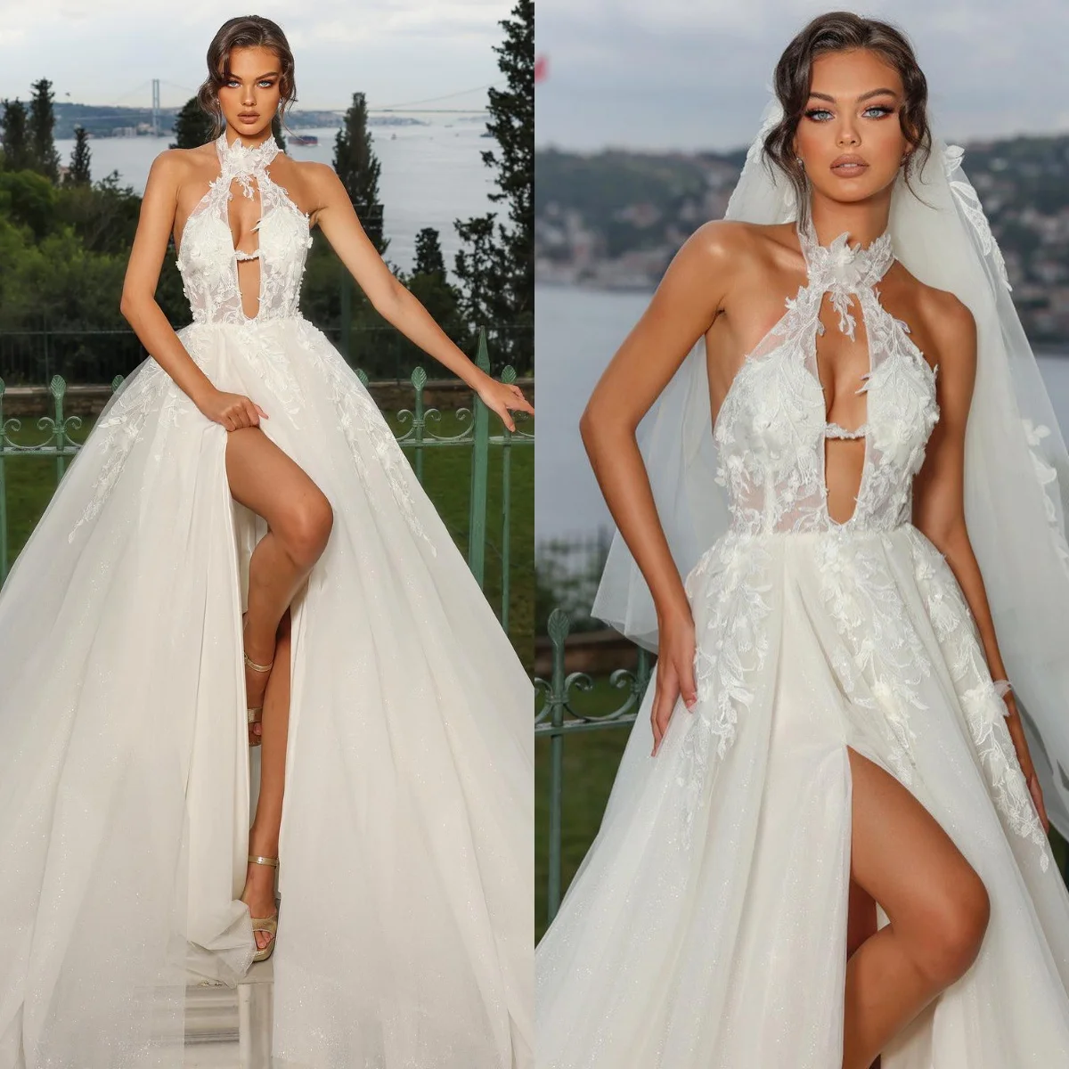 Sexy High Neck Wedding Dresses for Bride Illusion Lace Appliqued Split Slit Wed Dress Designer Bridal Gowns