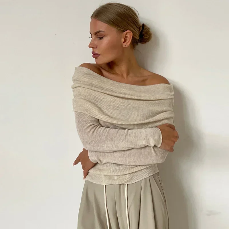 

Off Shoulder Sweaters For Women 2024 Autumn Winter Wool Sweater Knitted Long Sleeve Top Blouse Slim Fit Pullover Knitwear