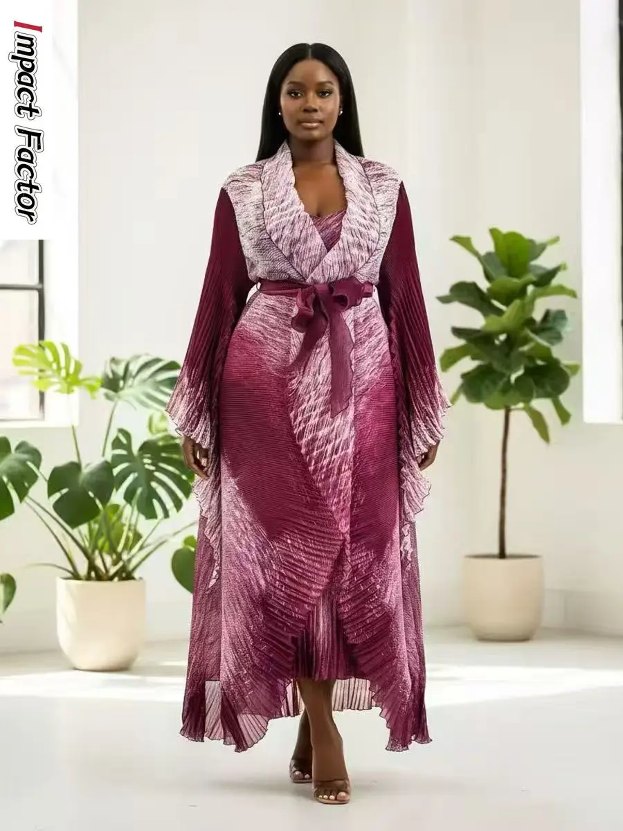 2025 Autumn African Miyake Pleated Printed Organza Suit Irregular Suspender Skirt Two-piece Set Loose Women's Clothing