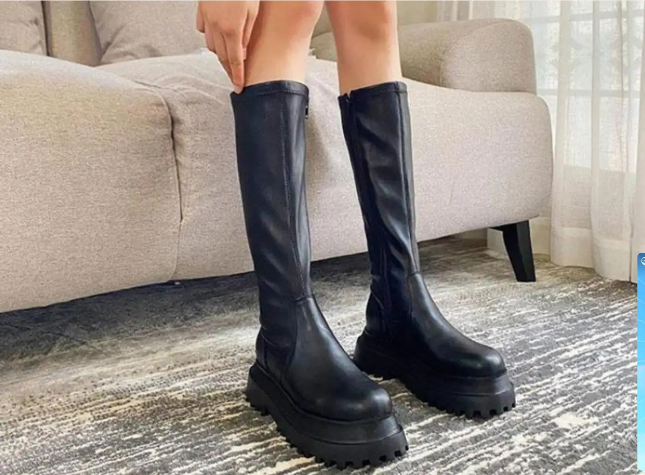 Fashion Winter Autumn Chunky Platform Heels Long Boots Round Toe Thick Sole Ladies Fashion Winter Women\'s Black High Boots Large