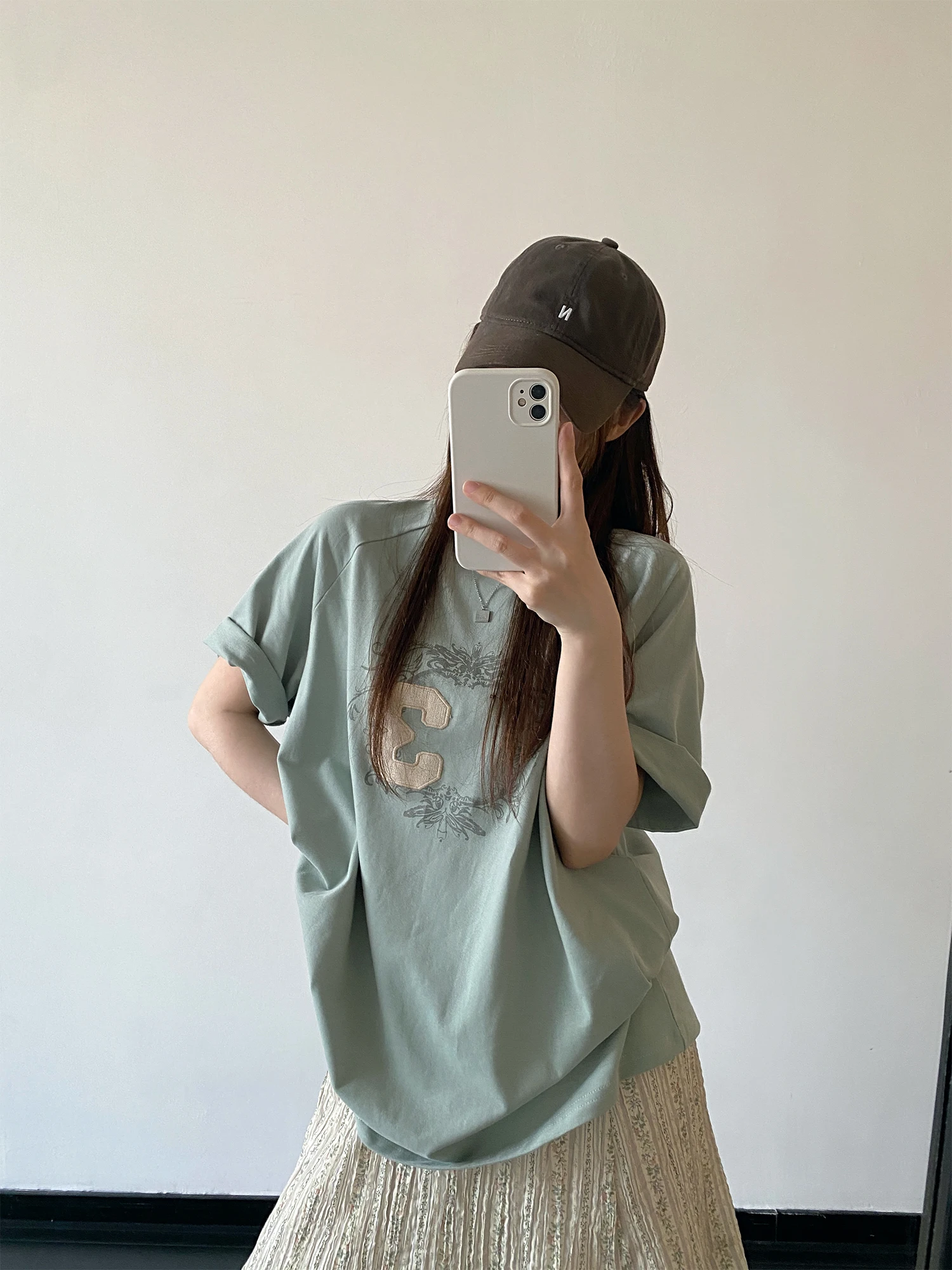 SunYeo Bean Green Short Sleeve T-Shirt Women Summer Loose Cold Sensation Vintage Patchwork Casual round Neck Top