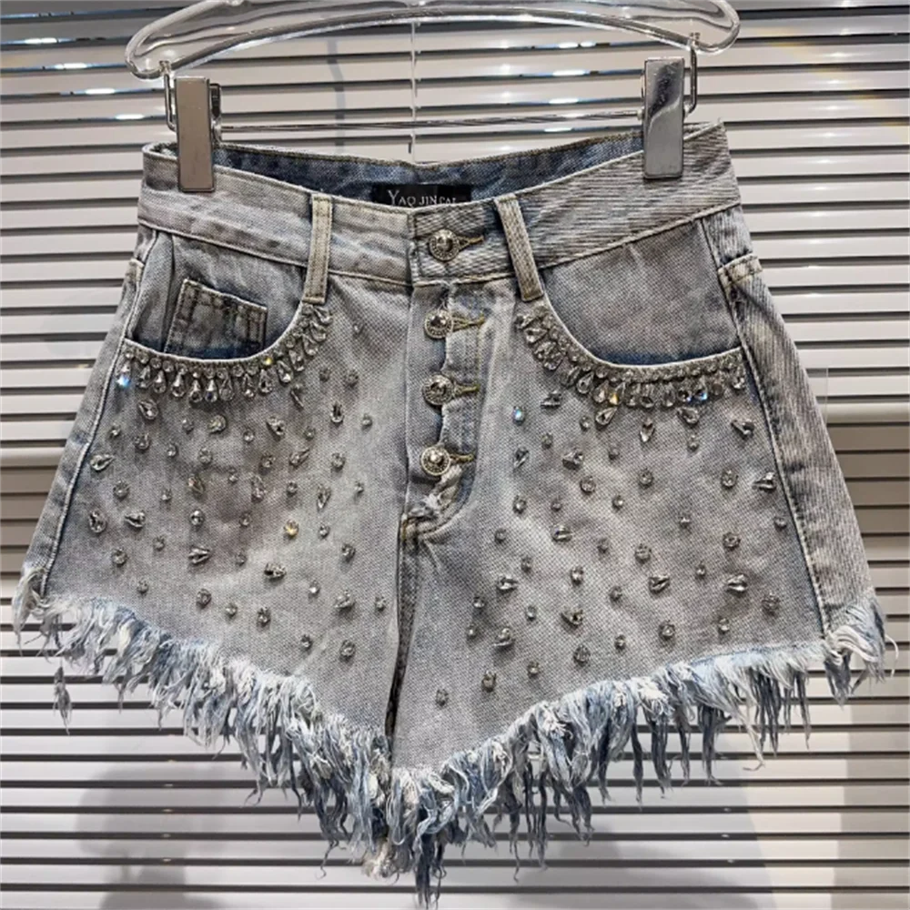 Diamond nail beads high waist denim shorts Tassel Elastic women trousers