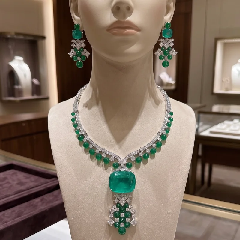 Europe America Earrings Necklace Women Lady Inlay Czech Zircon Synthetic Paraiba Tourmaline Green Beads Party Choker Jewelry Set