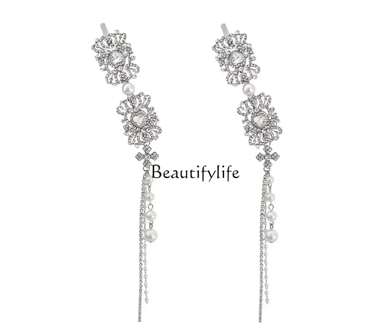 

Silver full diamond pearl fringed hairpin retro exquisite bangs edge clip headdress