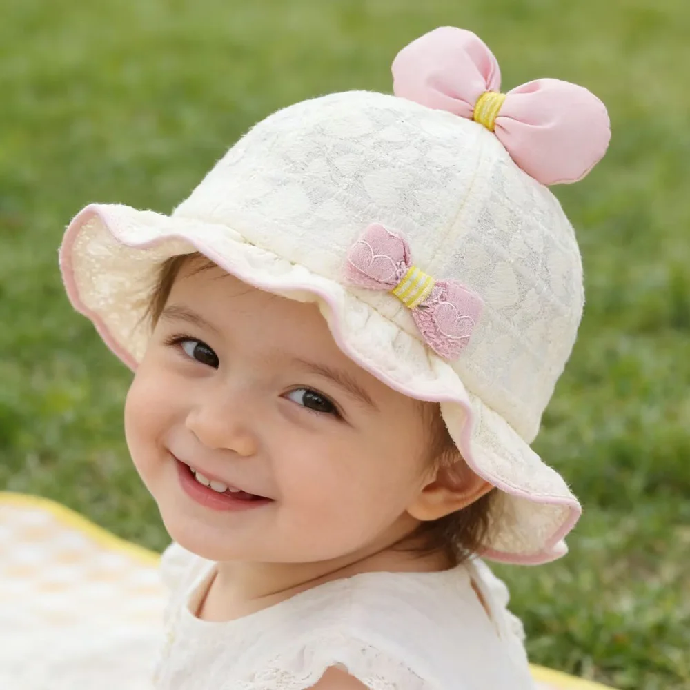 

Детская панамка-шляпка, легкая весенне-летняя модель с кружевом, бантом и рюшами, в корейском стиле, милая шляпка от солнца для принцесс