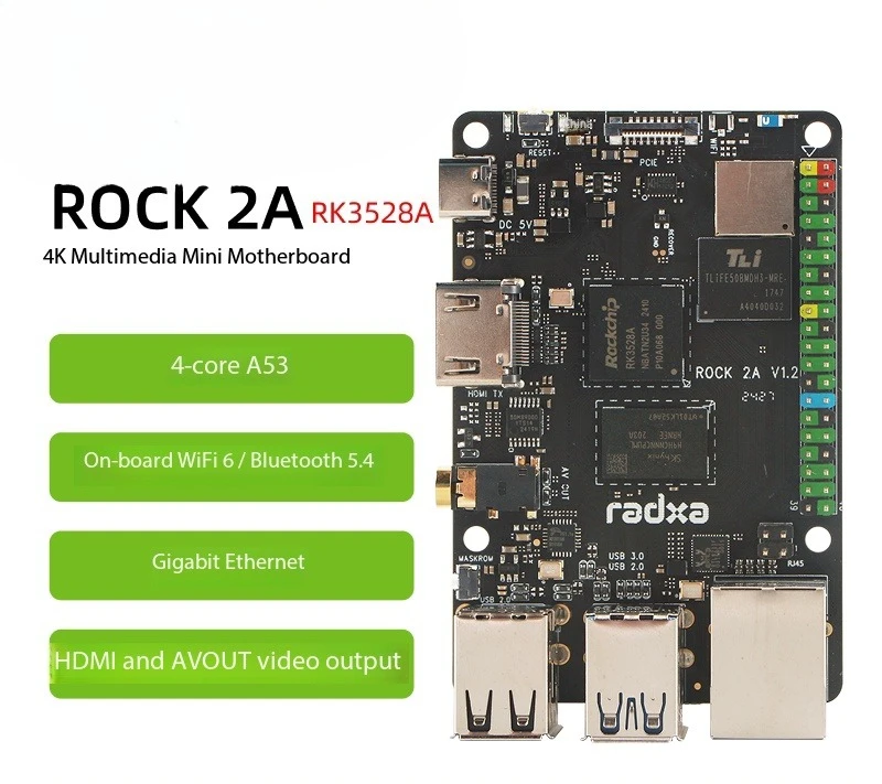 Carte mère ROCK 2A Mini, compatible avec Radxa, GPU 4 cœurs RK3528A 4K LPDDR5