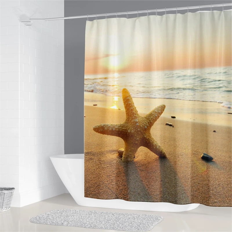 200x180cm Curtain for Bathroom 3D Starfish Shell Printing Waterproof Household Decorative Curtain With 12 Hooks Shower Curtain