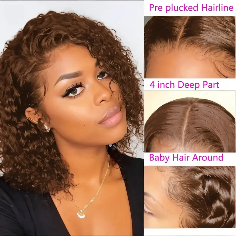 Chocolate Brown Short Kinky Curly Bob Wig 13x4 Lace Frontal Deep Wave Human Hair Wigs 4# Colored Pre Plucked Natural Remy Wig