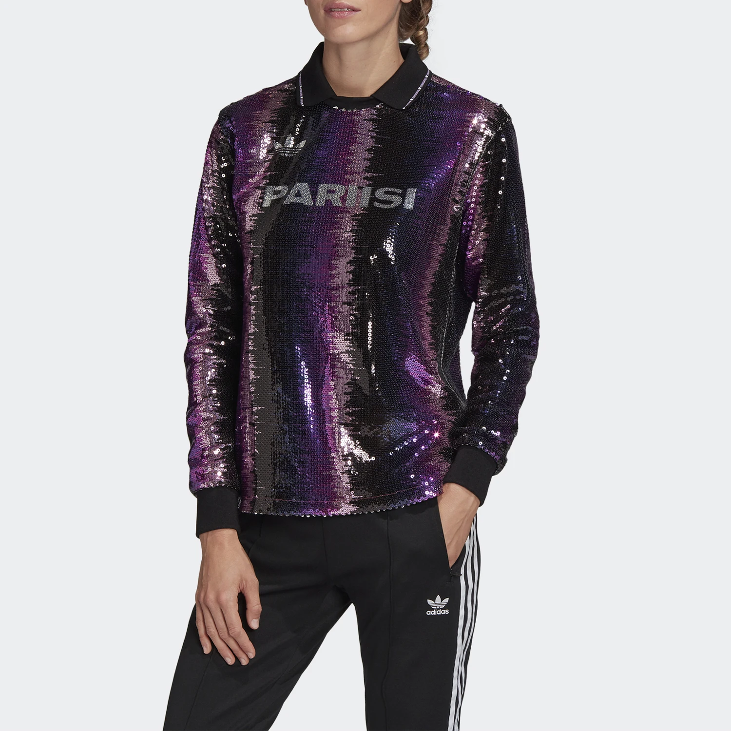 

Оригинальная женская футболка Adidas Trefoil New Season с воротником-поло и пайетками FN2802