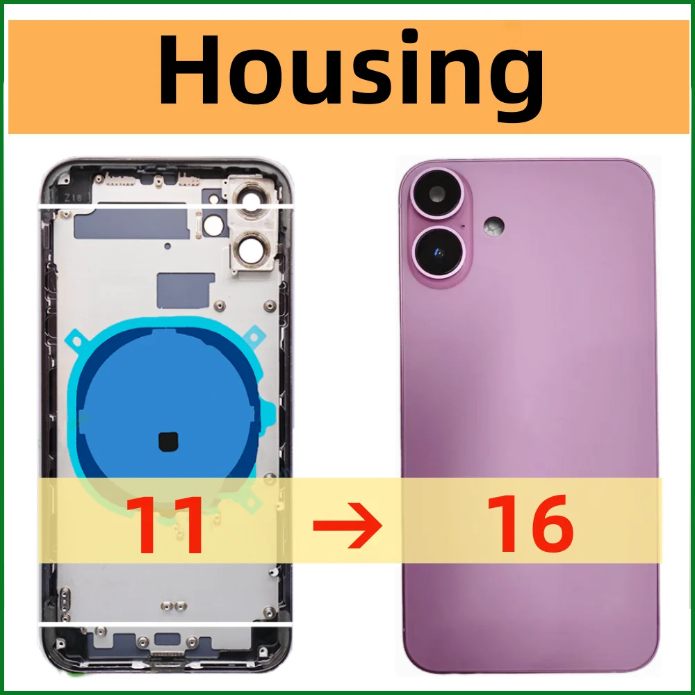 iphone-11～16用ハウジングシャーシ、バッテリーミッドフレーム交換、11を16に変えるようなバックカバーフレーム、11～16用ハウジング、11～16-diyケース