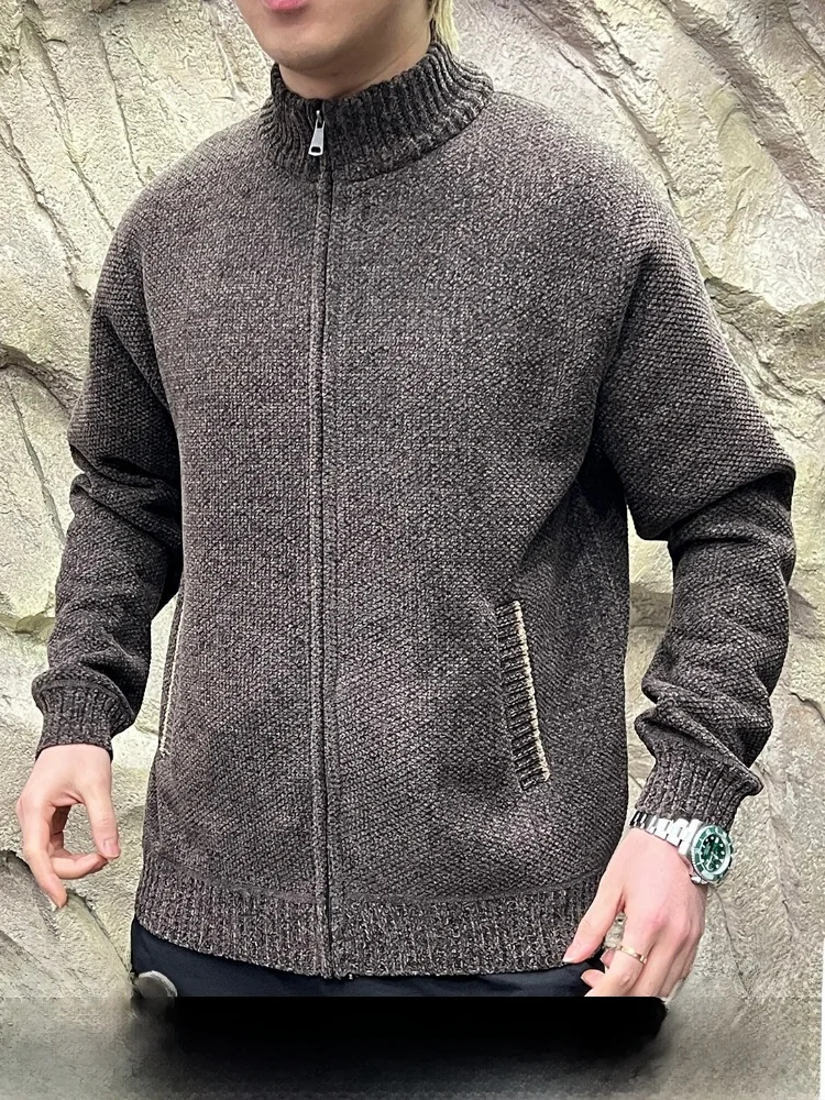 

Thiened Fce Winter Men's Outdoor Zipper Cardigan Knitted Sweater Stand Collar All-Match Snow Velvet Long Sve Warm Bre...