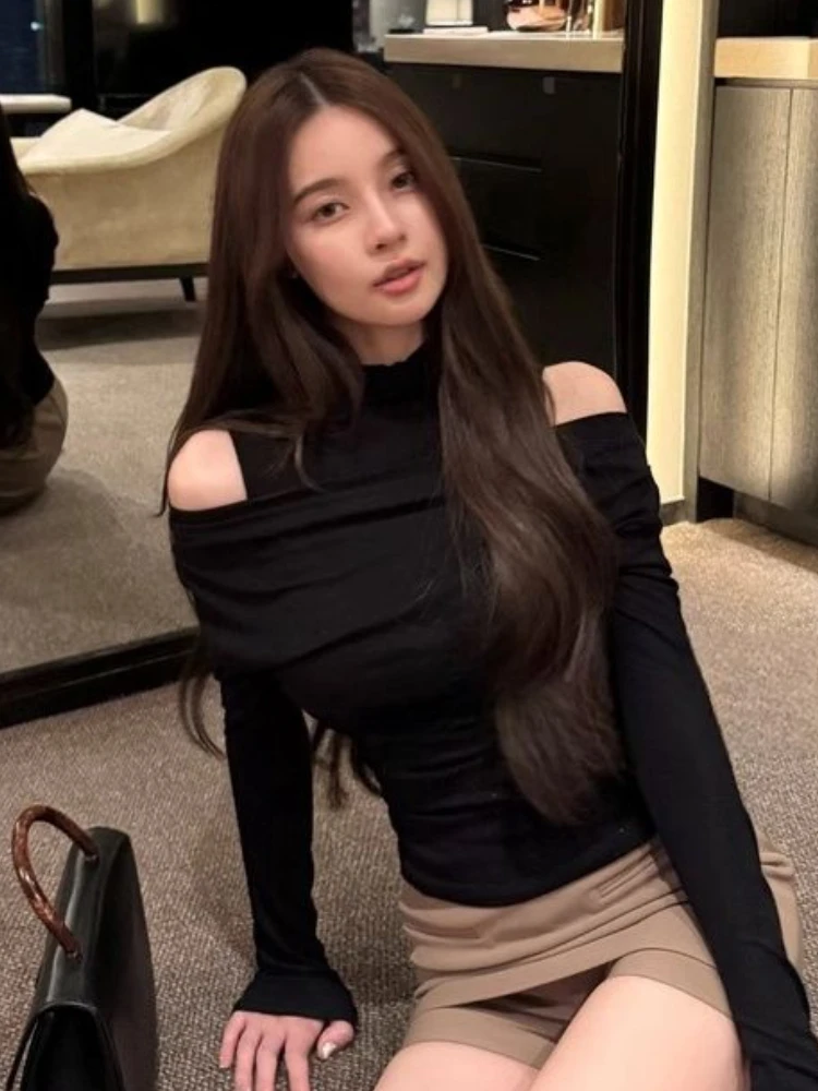 Camisetas lisas con hombros descubiertos para Mujer, manga larga, elegante, ajustada, estilo coreano, diseño que combina con todo, ropa de calle de ocio para Mujer