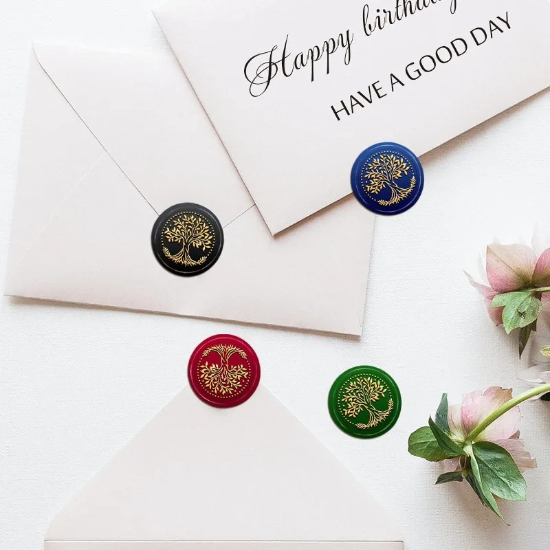 1Set Tree of Life Wax Sealing Stamp Vintage Plant Wax Seal Stamp with 30mm Brass Head and Wooden Handle for Envelopes Photo