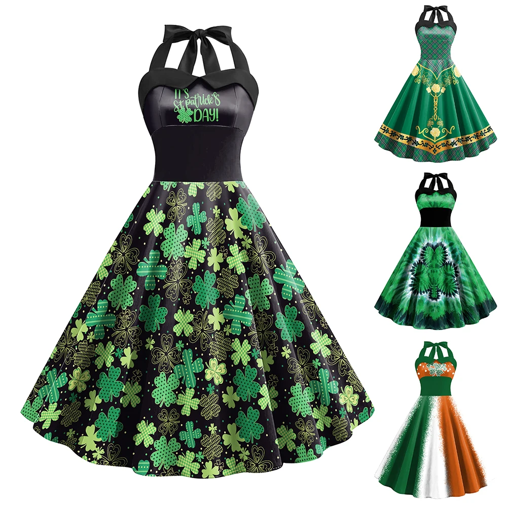 Color Cosplayer ST'patrick's Day Dresses for Woman Holiday Carnival Cosplay Costume Sleeveless Sexy Slip Dress Green Adult Robe