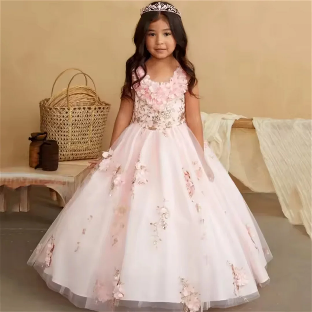 Customized Flower Girl Dresses Pink 3D Flowers Pattern Appliques Sleeveless For Wedding Birthday Prom Banquet Princess