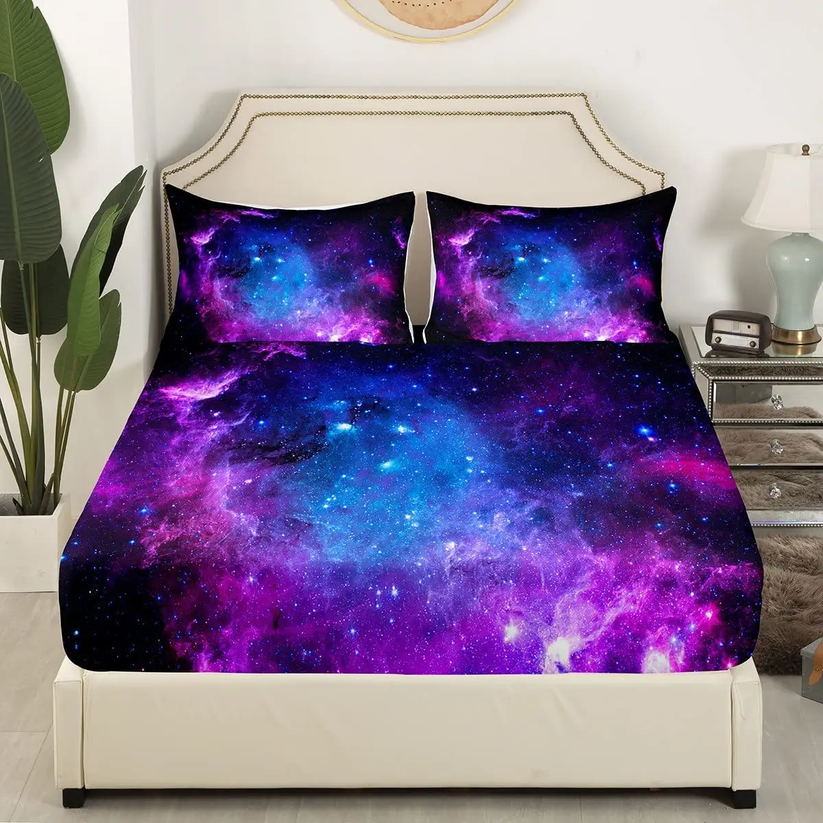 Juego de ropa de cama de galaxia púrpura, bajera sábana de cielo estrellado, diseño de estrellas del universo espacial, suave y transpirable,