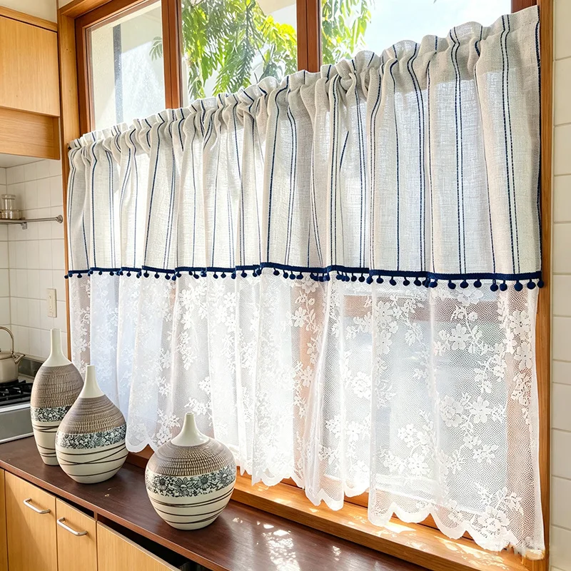 1pc Korean Style Blue Striped Half Curtain, Short Door Curtain, Retro Partition Curtain, Coffee Curtain, No Drilling, Kitchen Cu