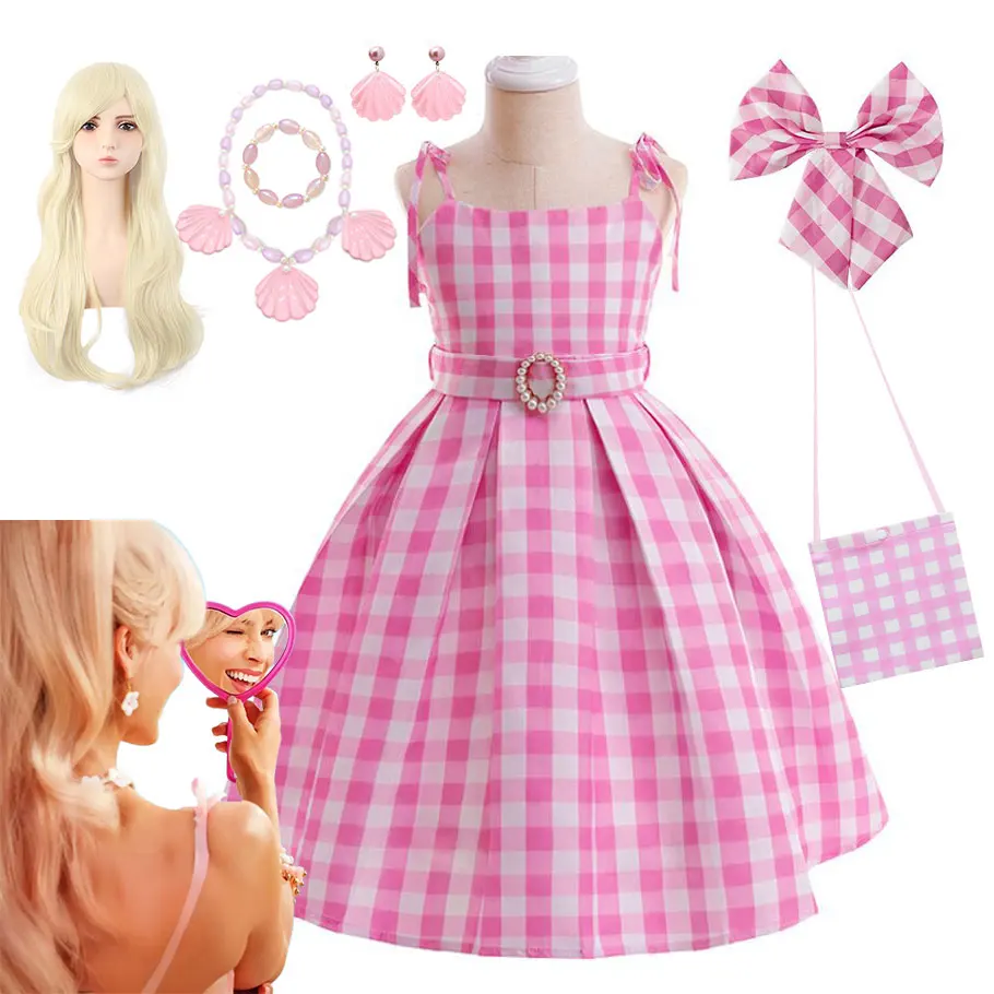 Modernes Neckholder-Kleid im 80er-Jahre-Stil, schulterfrei, rosa kariertes Kleid, Mädchen, Margot Robbie, Film, Rollenspiel-Kostüm, Barbieecore, Sommermode-Kleid