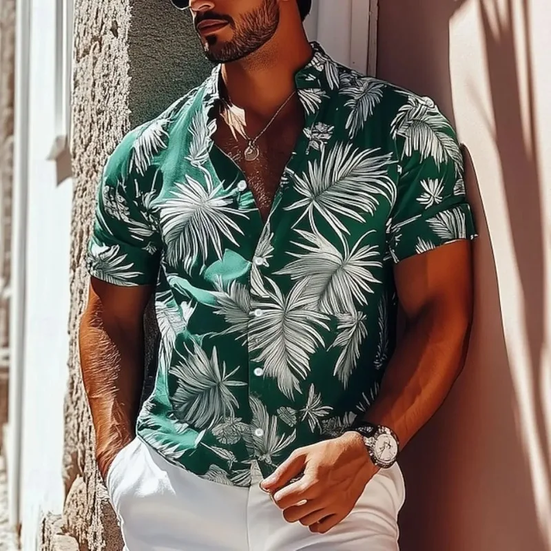 

Summer Spring Turndown Button Up White Blue Green Disfraz De Hombre Men's Leaf Aloha Shirt Short Sleeve Hawaiian Vacation