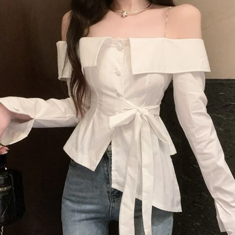 Dames Sexy Off Shoulder Elegante Shirts Met Veters 2024 Lente Mode Asymmetrisch Design Chique Blouses Wit Slanke Tops Met Lange Mouwen