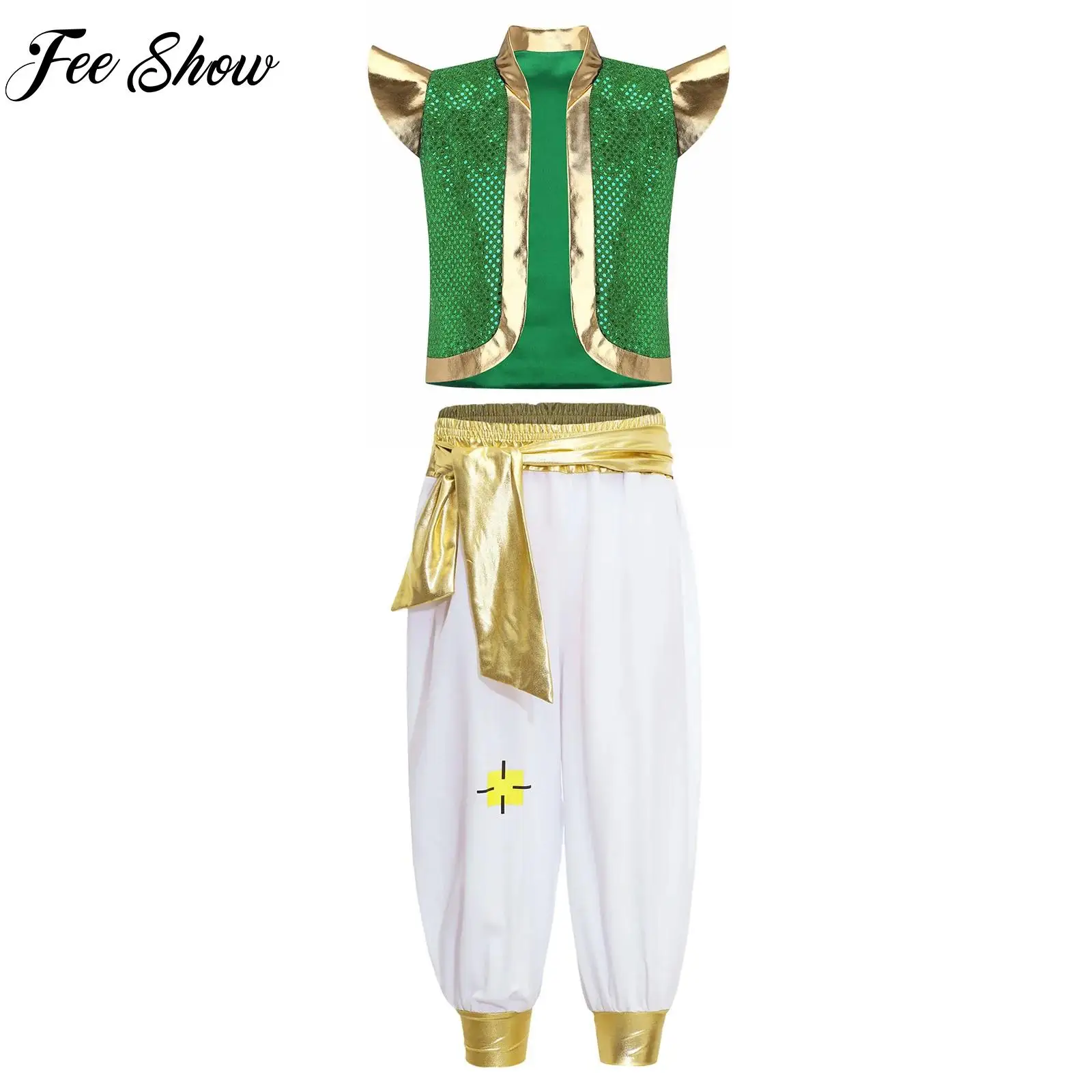 

2Pcs Boys Halloween Arabian Prince Dress Up Outfit Festival Carnival Cosplay Party Costume Open Front Vest Waistcoat+Pants Set
