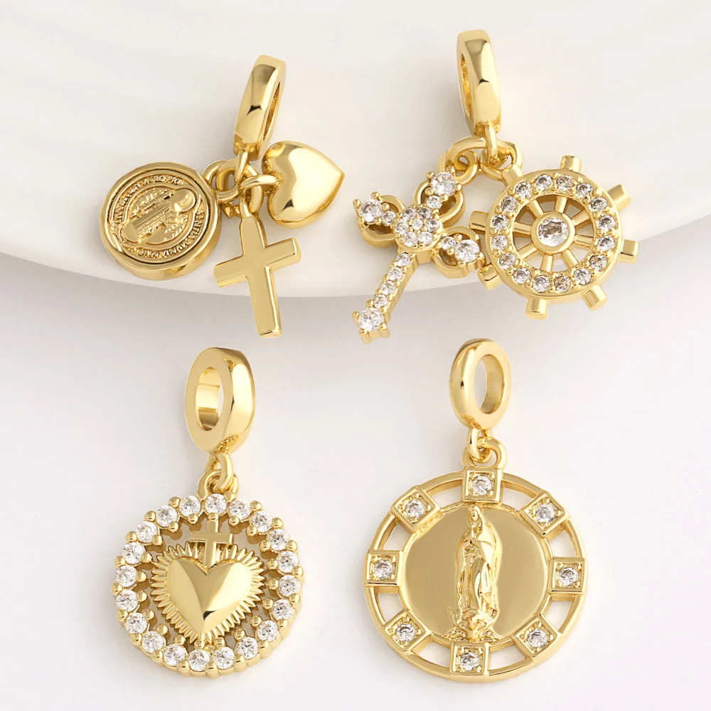 OCESRIO White Crystal Virgin Mary Medal Pendant for Necklace Copper Gold Plated Cross Anchor Jewelry Making Component pdta176