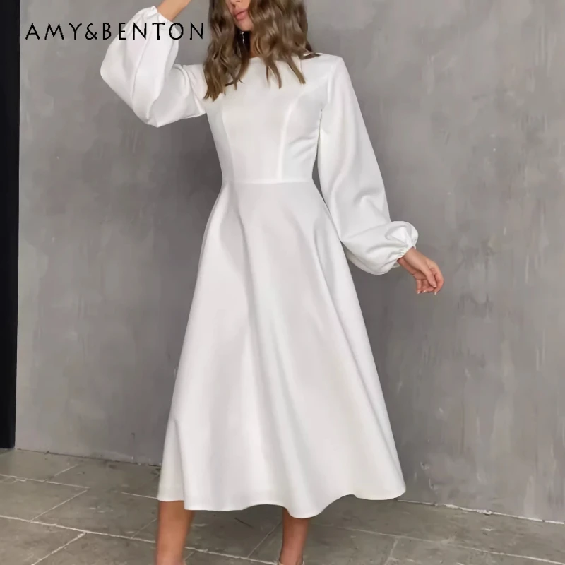 

French Style European American Design Backless Sexy Women's Dress New Spring Solid Color Elegant High-end Long Dresses Ladies