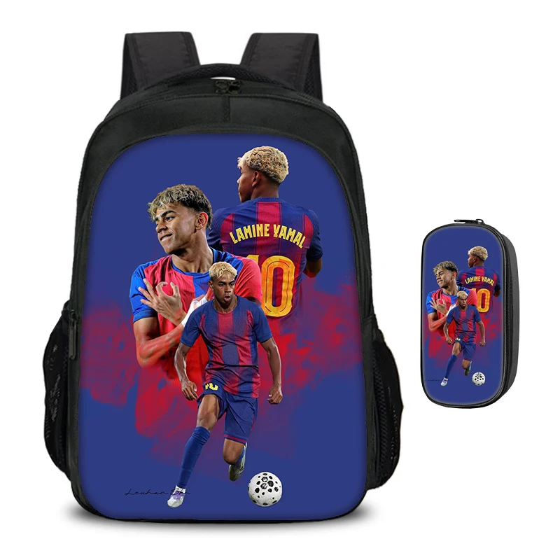 Kids School Mochila Rucksack 2Pcs Set Backpack, Pencil Bags School Bags L-Lamin Yamal Double layered Backpack Football Star