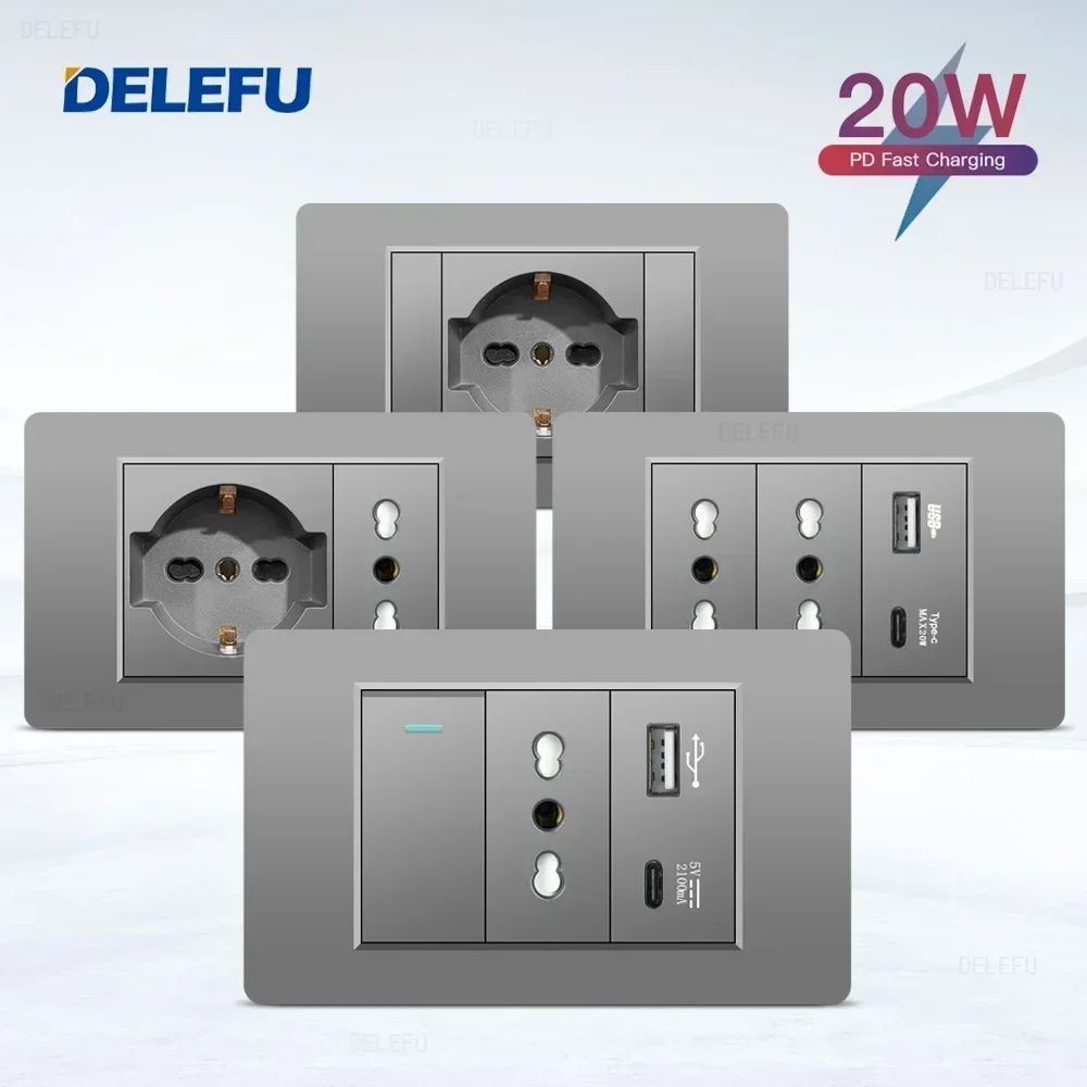 DELEFU Grey Flame Retardant PC Panel Italy Standard Type C EU Outlet Plug 118*72mm Wall Power Socket Light Switch Chile Spain