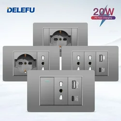 DELEFU Grey Chile PC Italy USB TypeC Fast Charging Wall Socket Schuko Tuya Wifi Smart Switch Sat TV Tel Doorbell Curtain